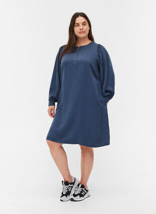 Kleid mit langen Puffärmeln, Dark blue denim, Model image number 2