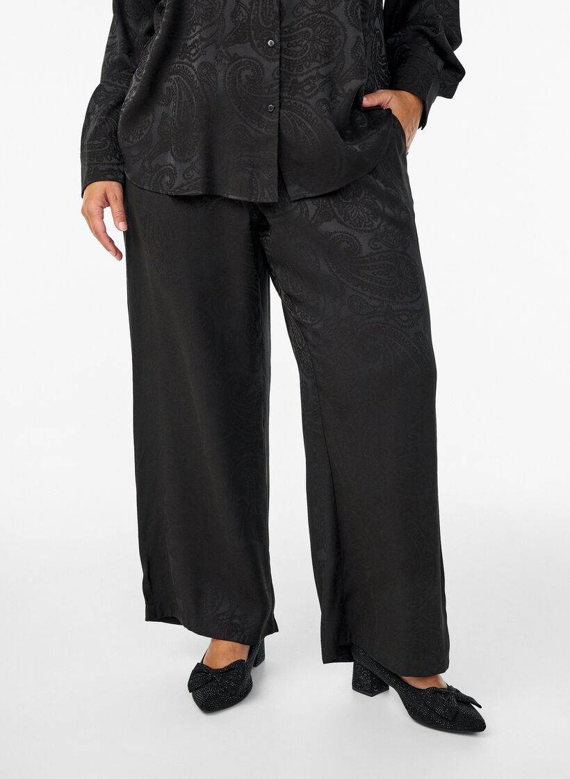 Weite Hose mit Paisleymuster und hoher Taille, Schwarz, Model image number 2