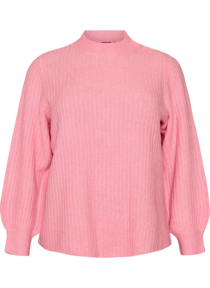 Pullover aus Rippstrick mit Puff&auml;rmeln und Kn&ouml;pfen, Pink, Packshot image number 0
