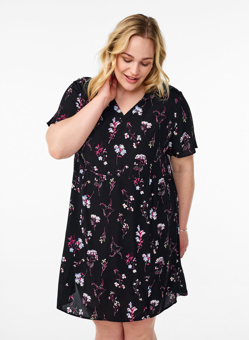 Kurzes Kleid mit Blumendruck, Schwarz, Model image number 0
