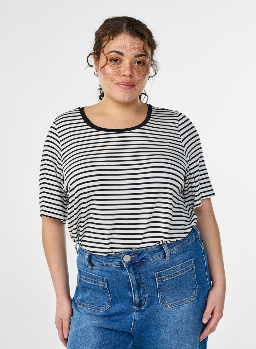 T-Shirt mit TENCEL™ Lyocell und Streifen, Weiß, Model image number 0