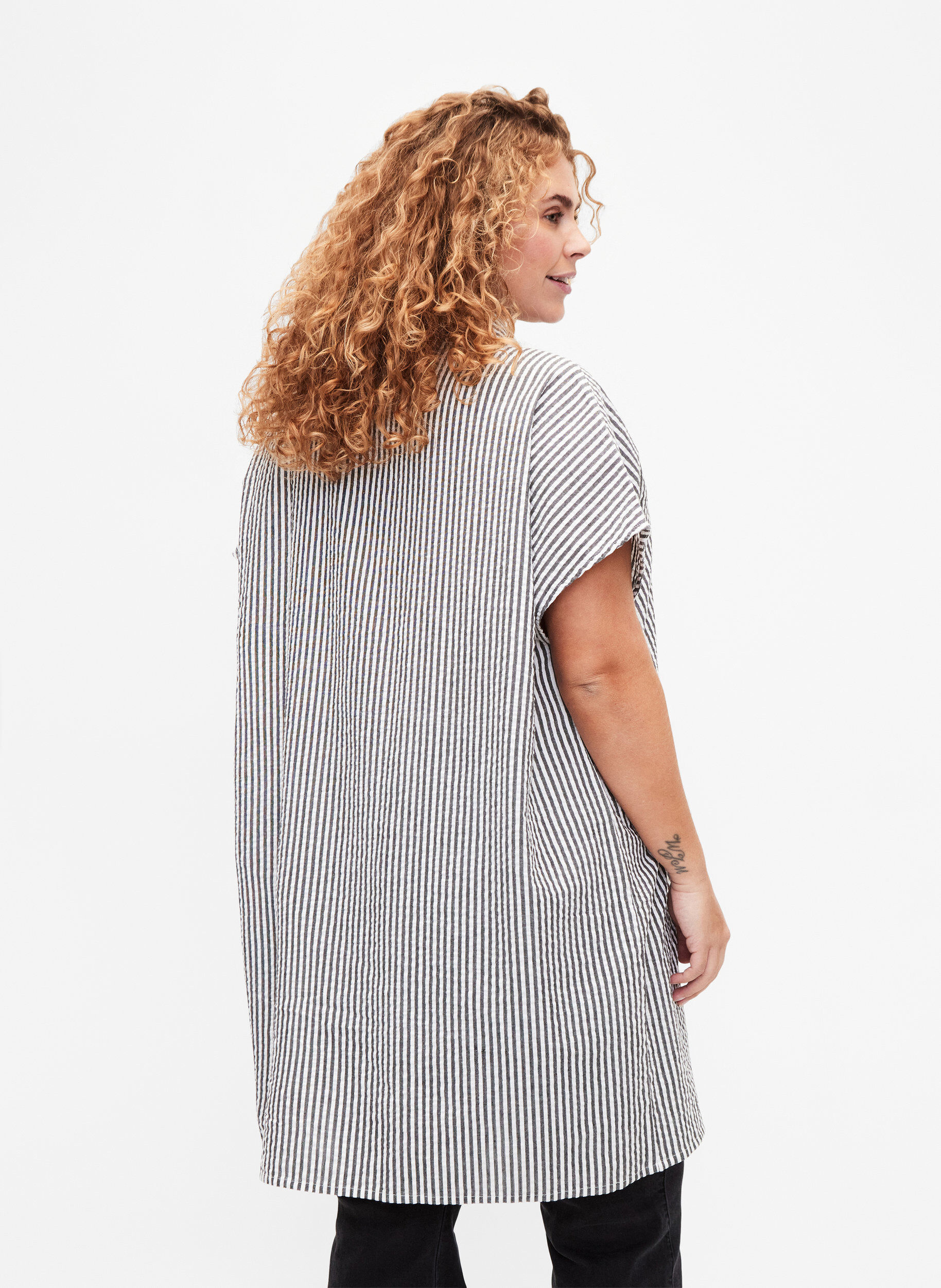 ZizziLanges gestreiftes Baumwollhemd, Black, Model image number 1