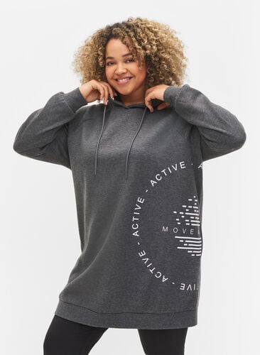 Langes Sweatshirt mit Kapuze und Printdetails, Dark Grey Melange, Model image number 0