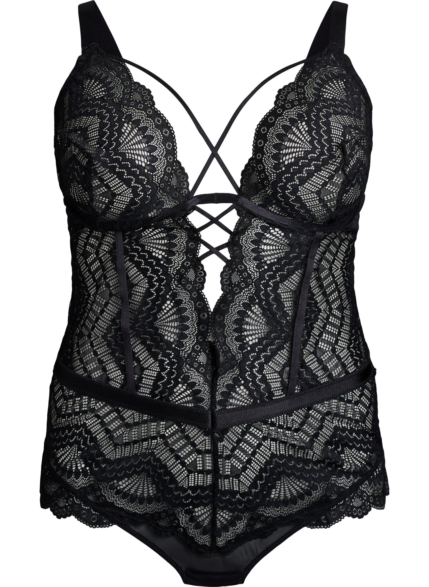 ZizziSpitzenbody mit Schn&uuml;rdetails, Schwarz, Packshot image number 0