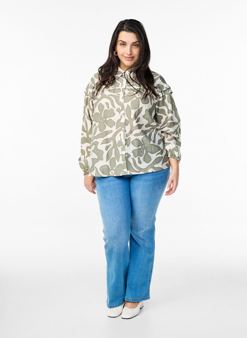 Bedruckte Bluse mit Rüschen-Details, Grün, Model image number 1
