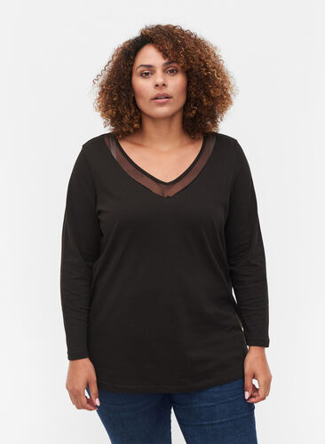 Langarm Bluse aus Baumwolle mit Mesh, Black, Model image number 0