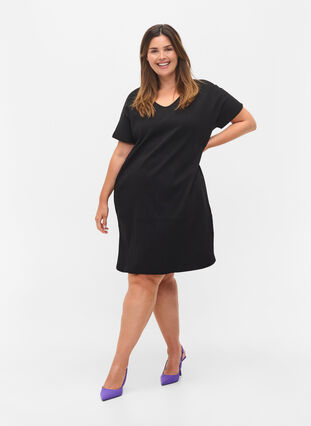 Kurzarm Kleid aus Baumwolle mit Rippstruktur, Black, Model image number 2