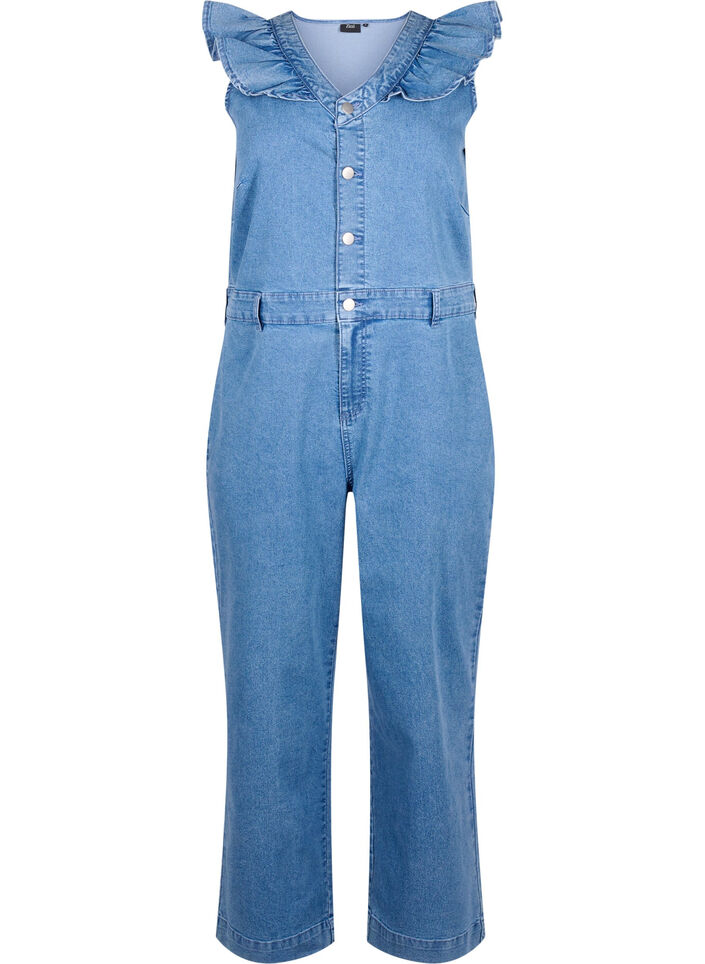 Denim-Jumpsuit mit Rüschen, Light Blue Denim, Packshot image number 0