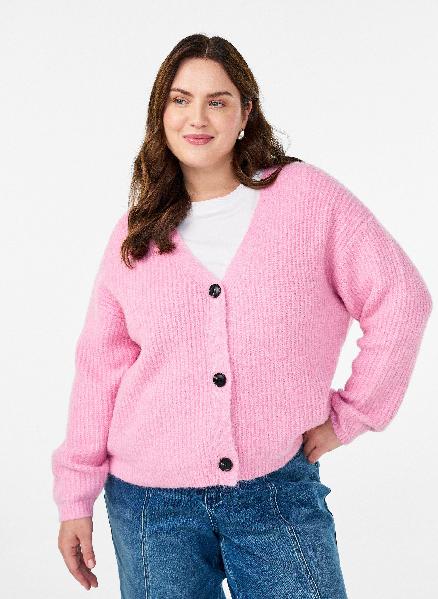 Strickjacke mit V-Ausschnitt, Pink, Model