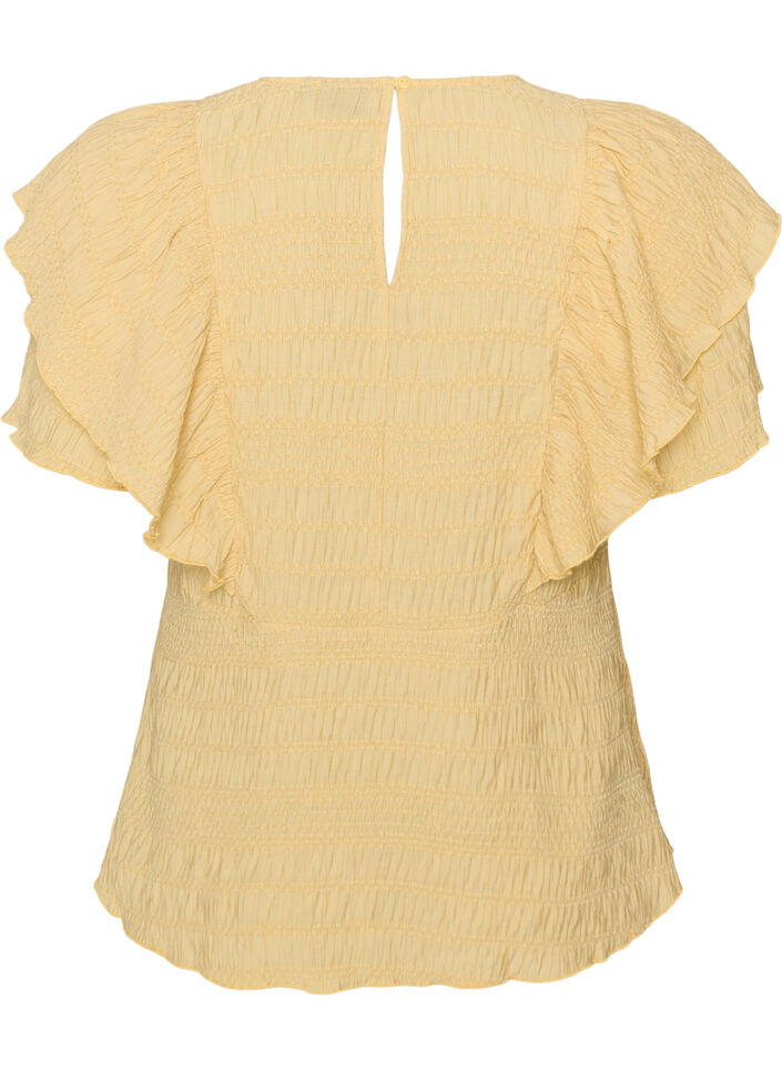 Bluse mit gesmokter Textur und R&uuml;schen&auml;rmeln, Gelb, Packshot image number 1