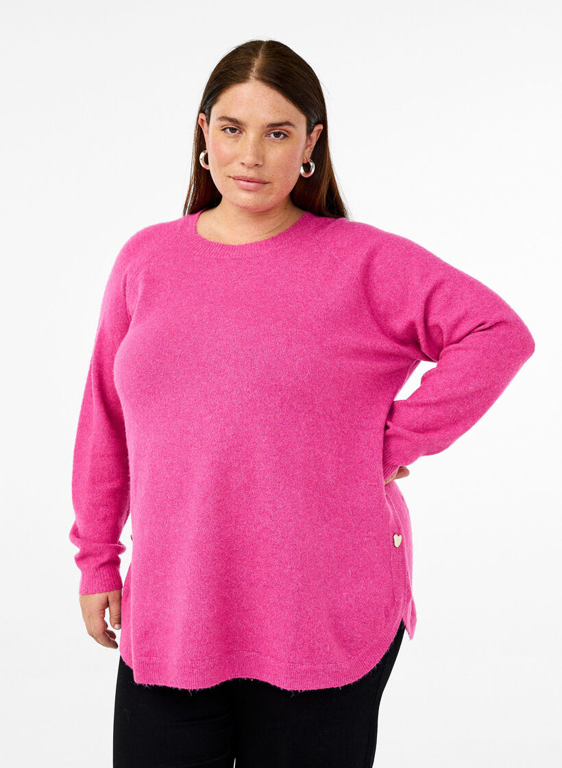 Lange Strickbluse mit Knopfdetail an der Seite, Raspberry Rose Mel., Model image number 0