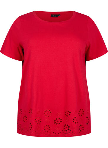 T-Shirt aus Baumwolle mit Broderi anglaise, Tango Red, Packshot image number 0