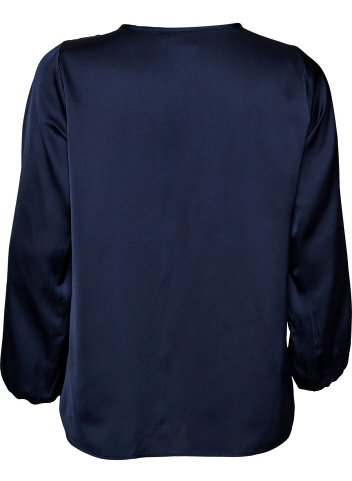 Satinbluse mit Spitzenapplikationen und Perlen, Blau, Packshot image number 1