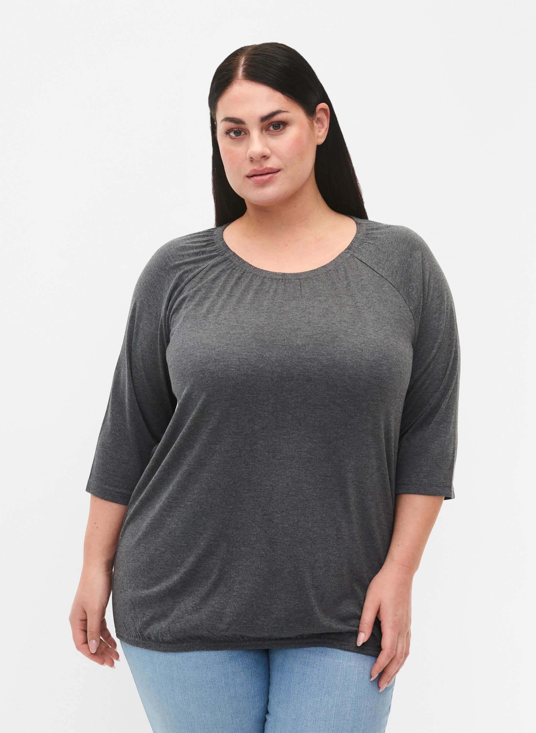 ZizziGestreifte Bluse mit 3/4 &Auml;rmeln, Dark Grey Melange, Model image number 0