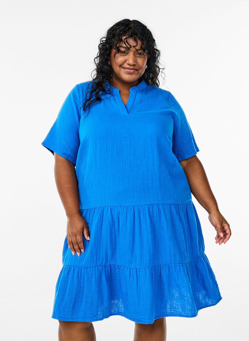 Kurzes A-Linien-Kleid aus Baumwollmusselin, Blau, Model image number 0