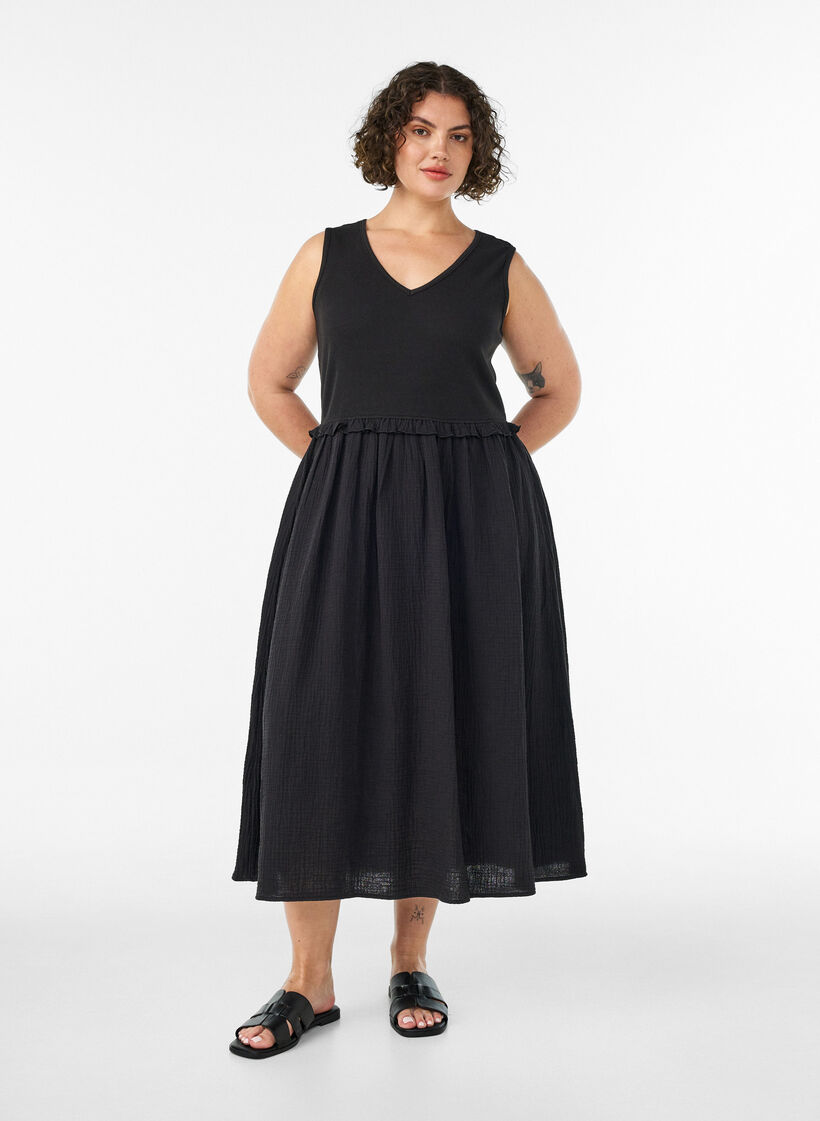 &Auml;rmelloses Midikleid aus Baumwolle mit Ripp und Musselin, Schwarz, Model image number 0