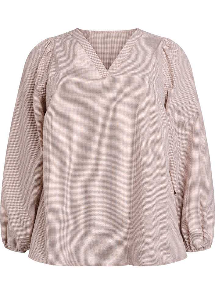 Bluse mit V-Ausschnitt und kleinen Karos, Beige, Packshot image number 0