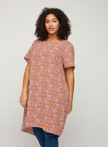 Bedrucktes Kleid mit kurzen Ärmeln, Orange Flower AOP, Model image number 0
