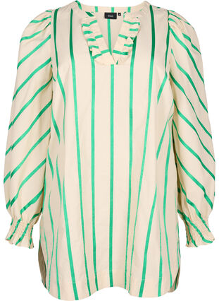 Gestreifte Tunika aus Baumwolle mit Smok und Rüschen, Beige Green Stripe, Packshot image number 0
