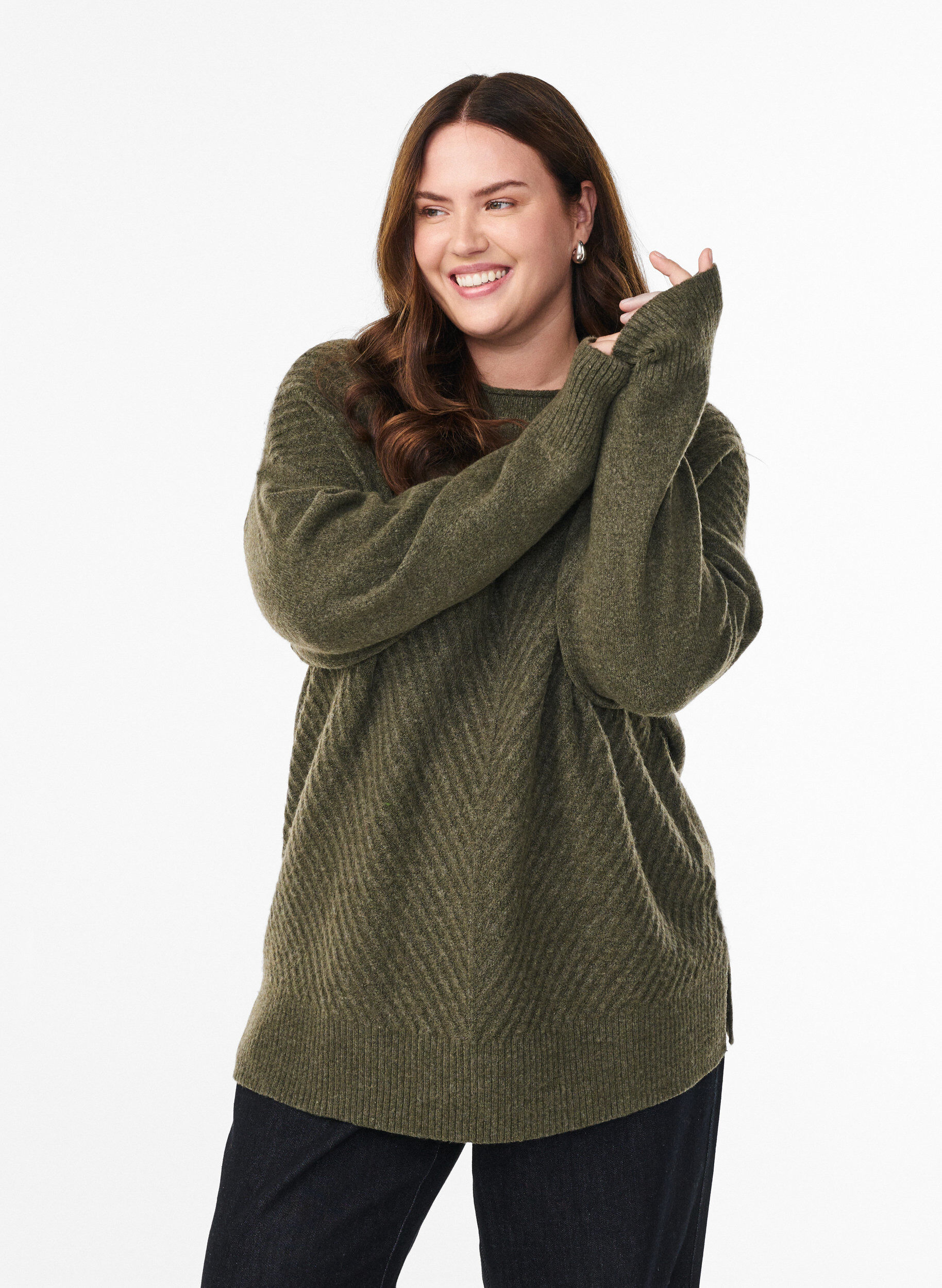 ZizziStrickbluse mit V-f&ouml;rmigem Rippenmuster und Schlitzen, Gr&uuml;n, Model image number 0