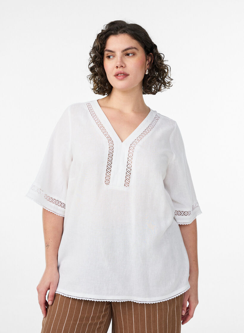 Bluse aus Leinen und Viskose mit H&auml;keldetails, Wei&szlig;, Model image number 0
