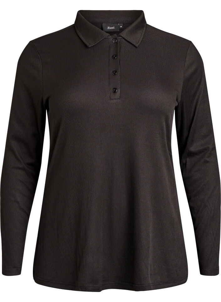 Poloshirt aus weichem Ripp mit langen Ärmeln, Schwarz, Packshot image number 0