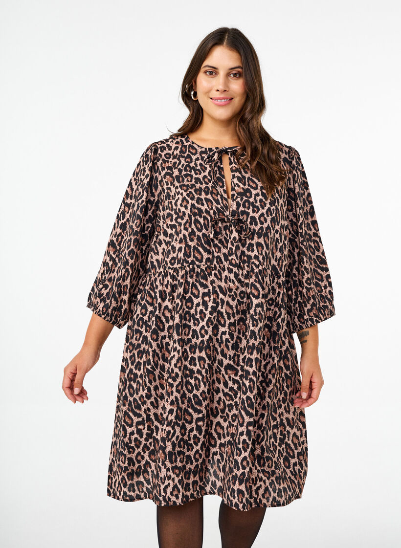 Kleid mit Schleifen und 3/4-Ärmeln, LEO AOP, Model image number 0