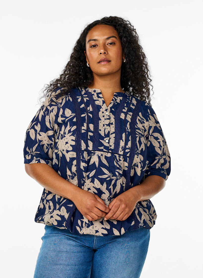 Bluse mit Print und 1/2-Ärmeln, Blau, Model image number 0