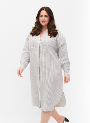 Gestreiftes Hemdkleid aus Baumwolle, White Stripe, Model image number 0
