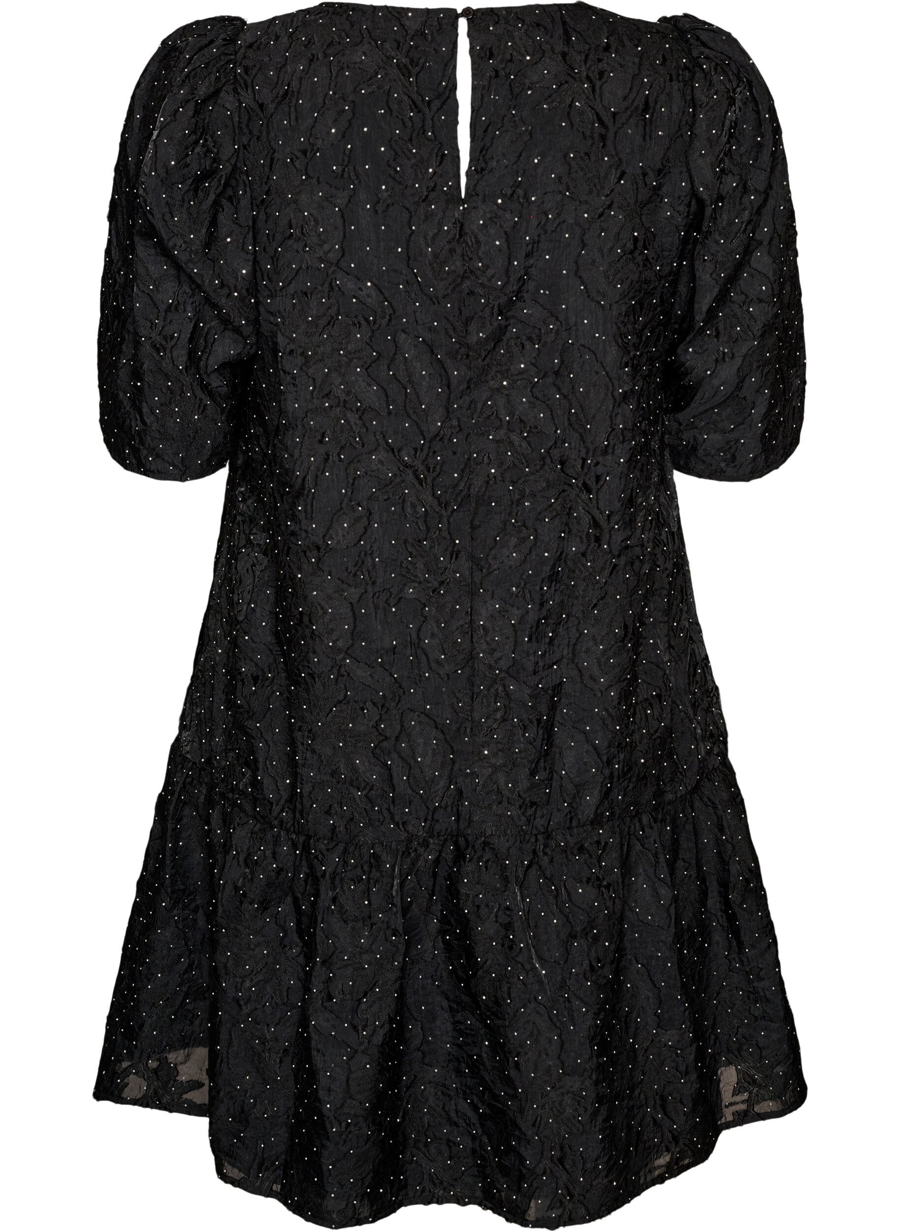 ZizziJacquardkleid mit funkelnden Details und Puff&auml;rmeln, Schwarz, Packshot image number 1
