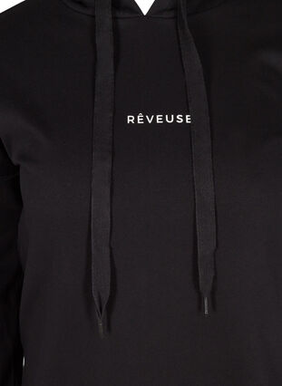 Sweatkleid aus Baumwolle mit Kapuze und Textprint, Black, Packshot image number 2