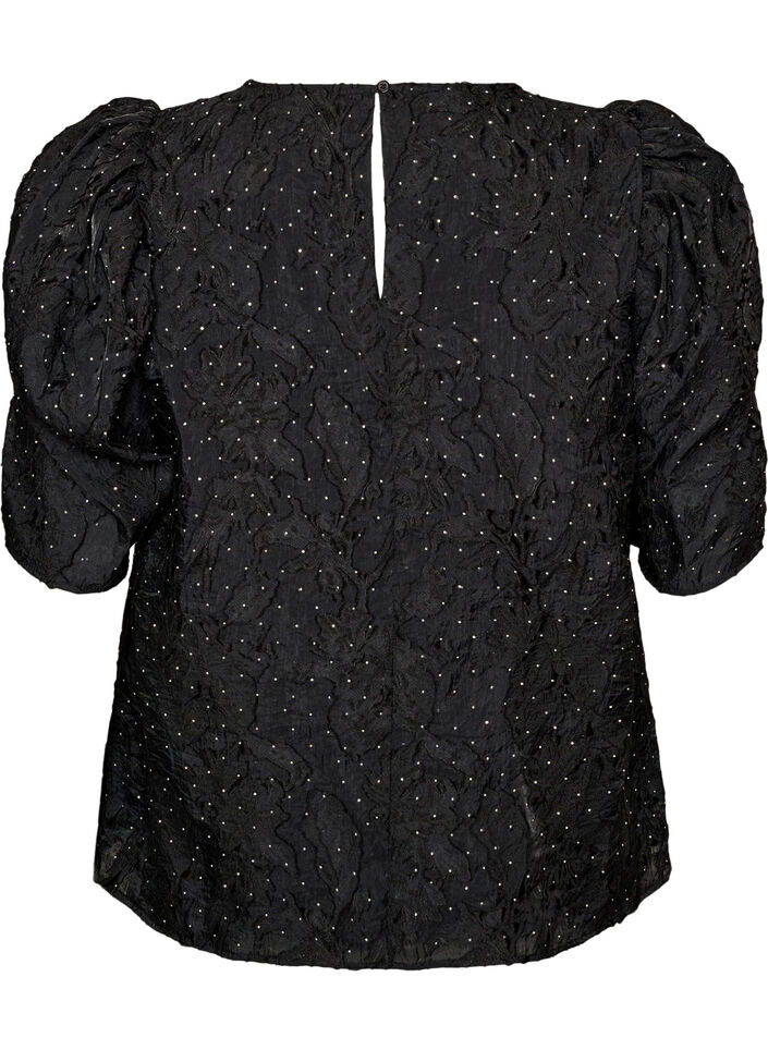 Jacquardbluse mit funkelnden Details und Puff&auml;rmeln, Schwarz, Packshot image number 1