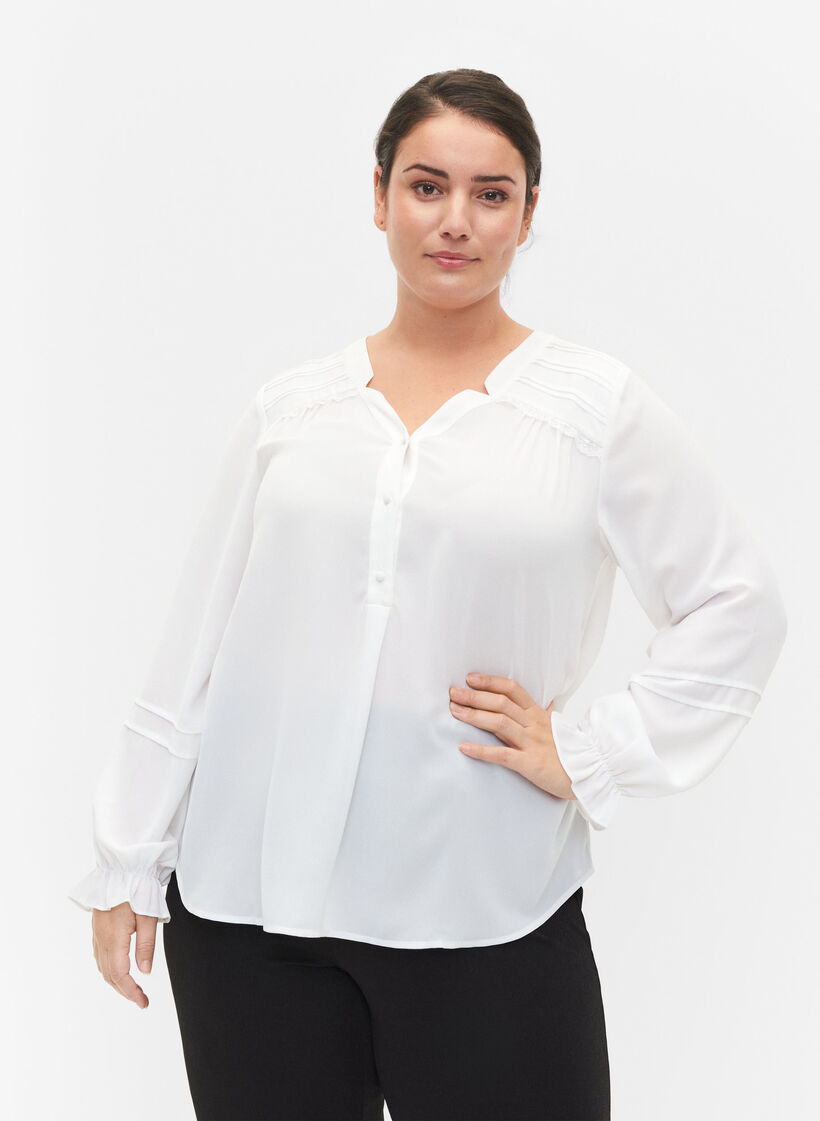 Bluse mit langen &Auml;rmeln und Knopfverschluss, Bright White, Model image number 0