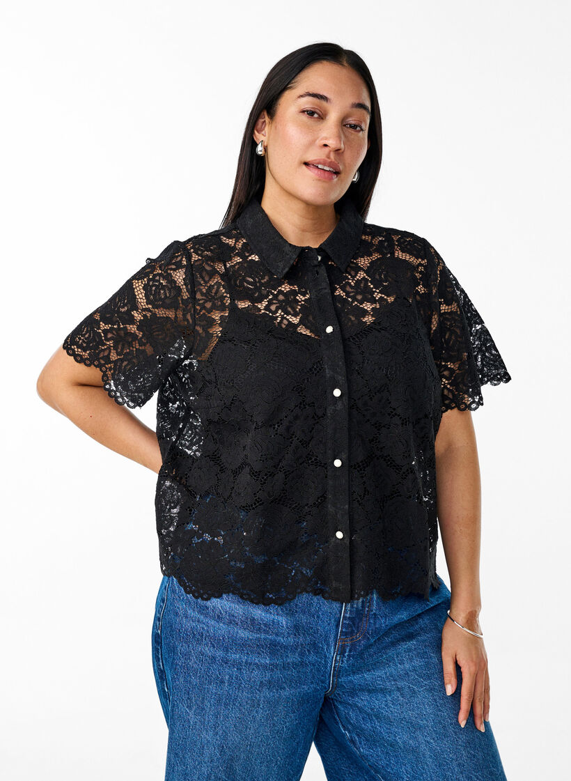 Spitzen blusenshirt mit perlenkn&ouml;pfen, Schwarz, Model image number 0
