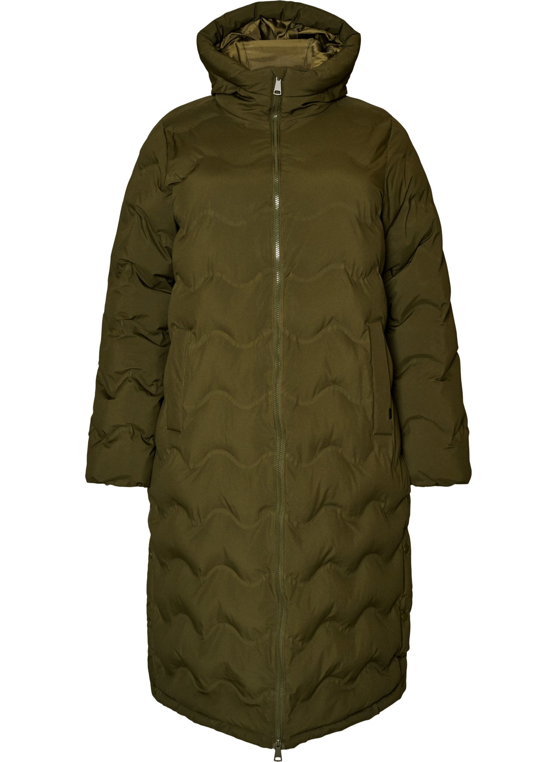 ZizziLange Kapuzen-Steppjacke mit Wellenmuster, Gr&uuml;n, Packshot image number 0