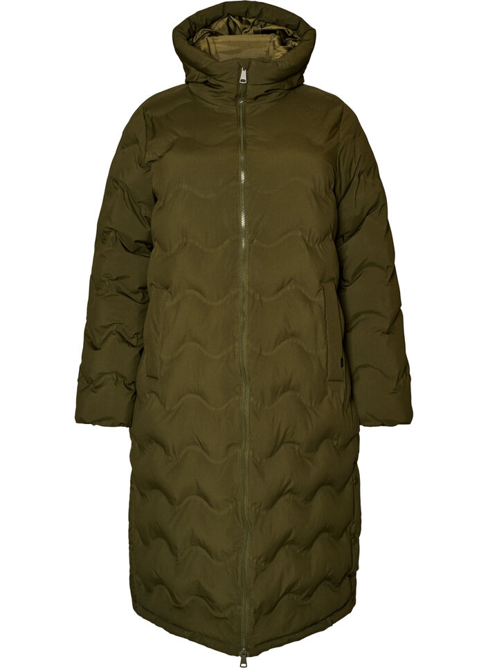 Lange Kapuzen-Steppjacke mit Wellenmuster, Gr&uuml;n, Packshot image number 0