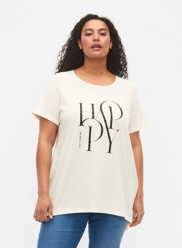 T-Shirt aus Baumwolle mit Textdruck, Buttercream HAPPY, Model image number 0