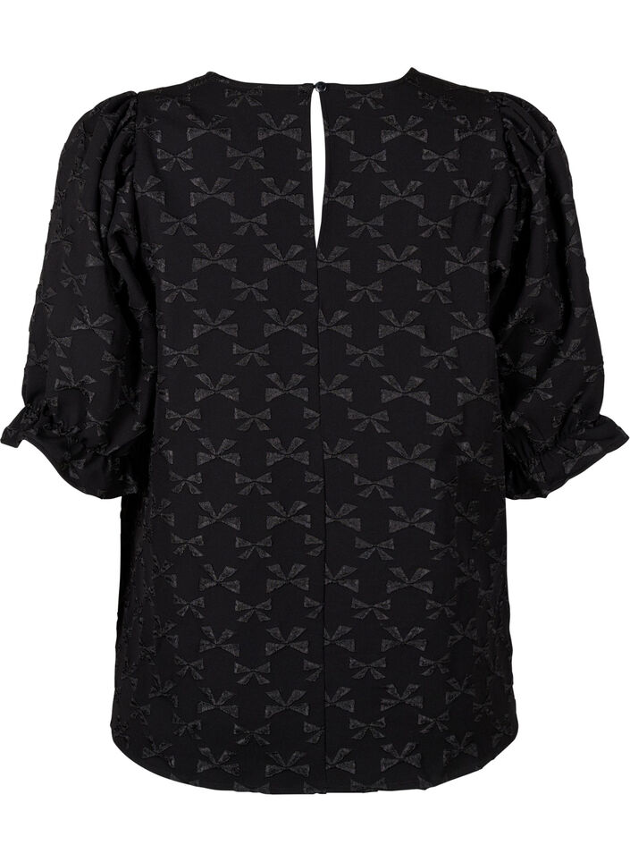 Kurzärmelige Jacquard-Bluse mit Schleifen, Black W. Bow, Packshot image number 1