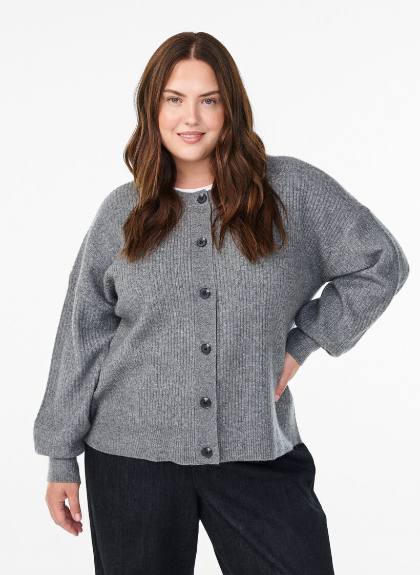 Rippenstrick Strickjacke mit Kn&ouml;pfen, Grau, Model image number 0