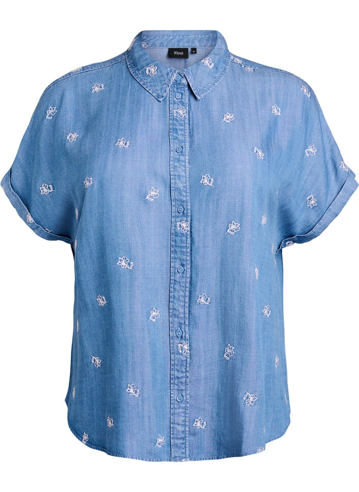 Hemd aus Lyocell in Jeans-Optik mit gebl&uuml;mter Stickerei, Blau, Packshot image number 0