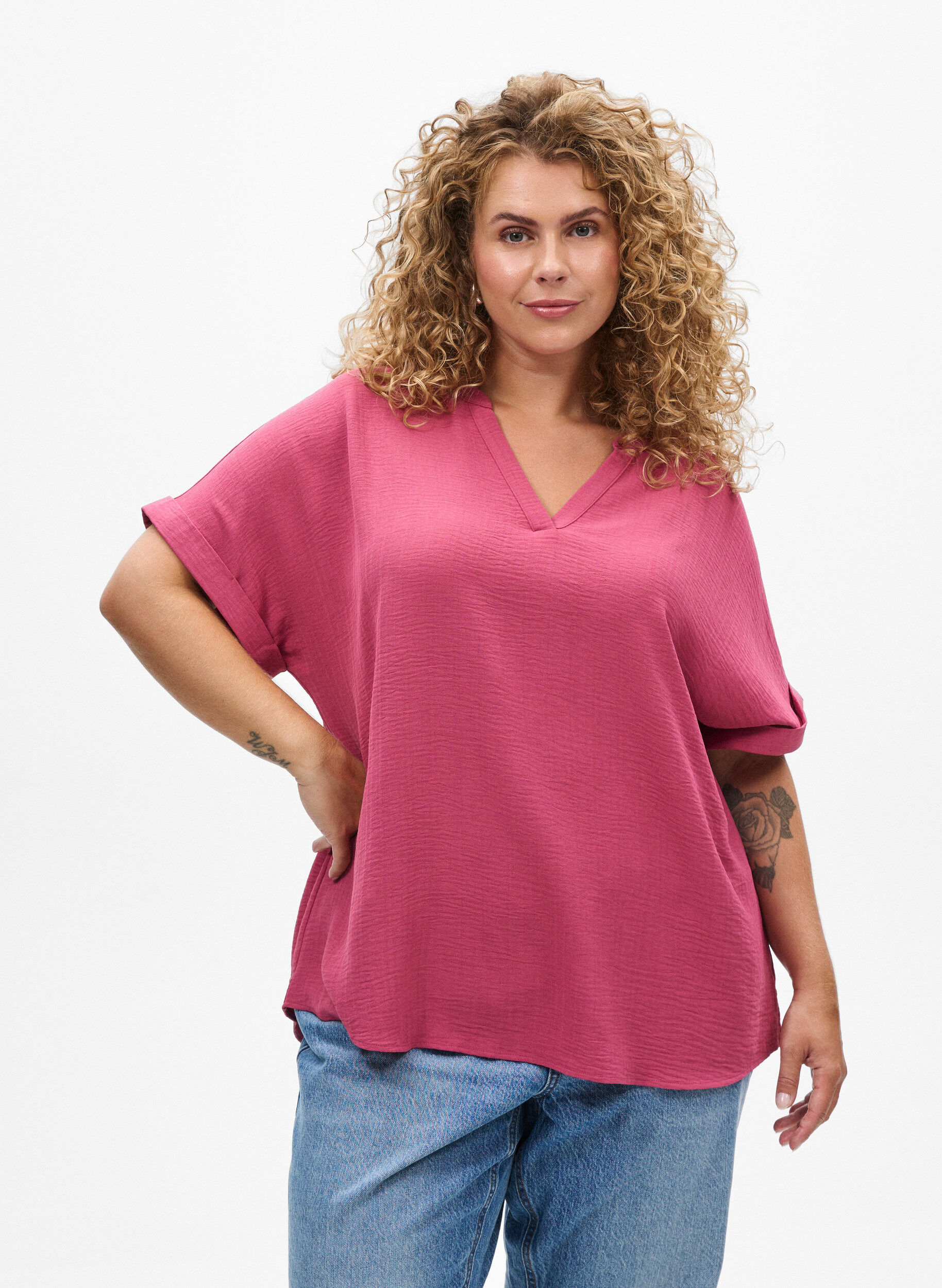 Lockere Bluse mit kurzen &Auml;rmeln, Rot, Model