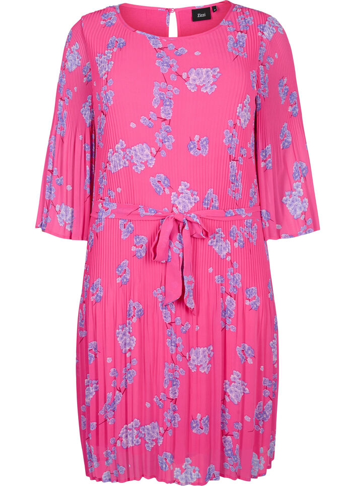 Plisseekleid mit Bindeband und Print, Beetroot Purple AOP, Packshot image number 0