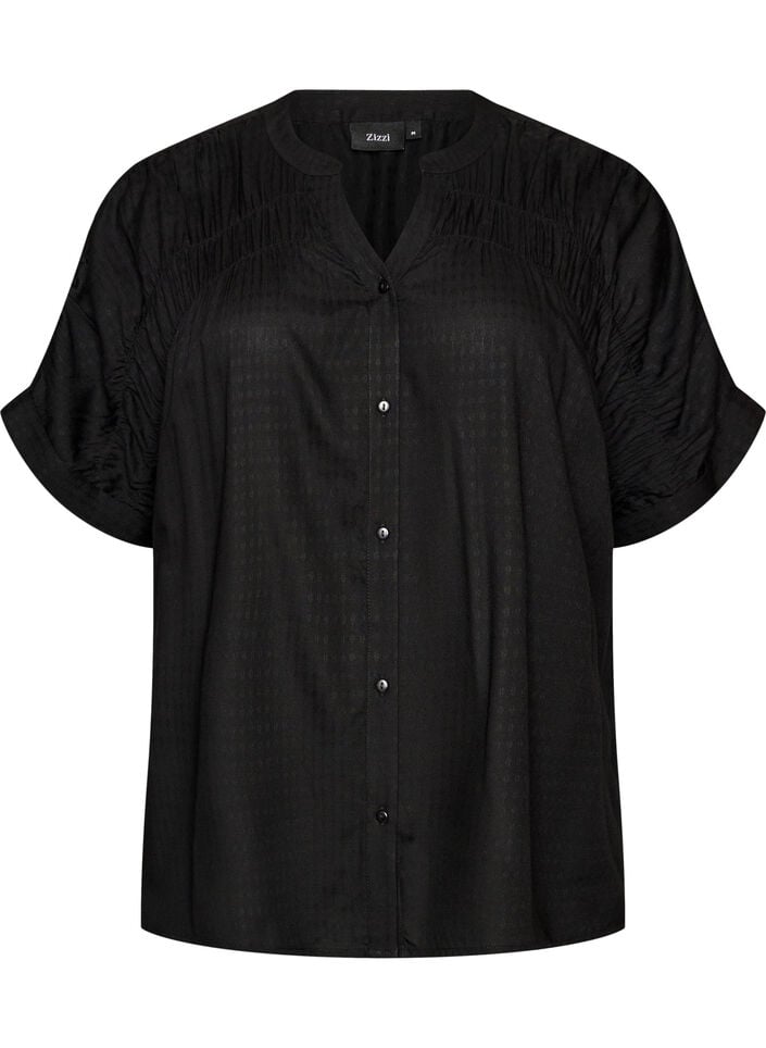 Bluse aus Viskose mit kurzen &Auml;rmeln und Raffdetails, Schwarz, Packshot image number 0