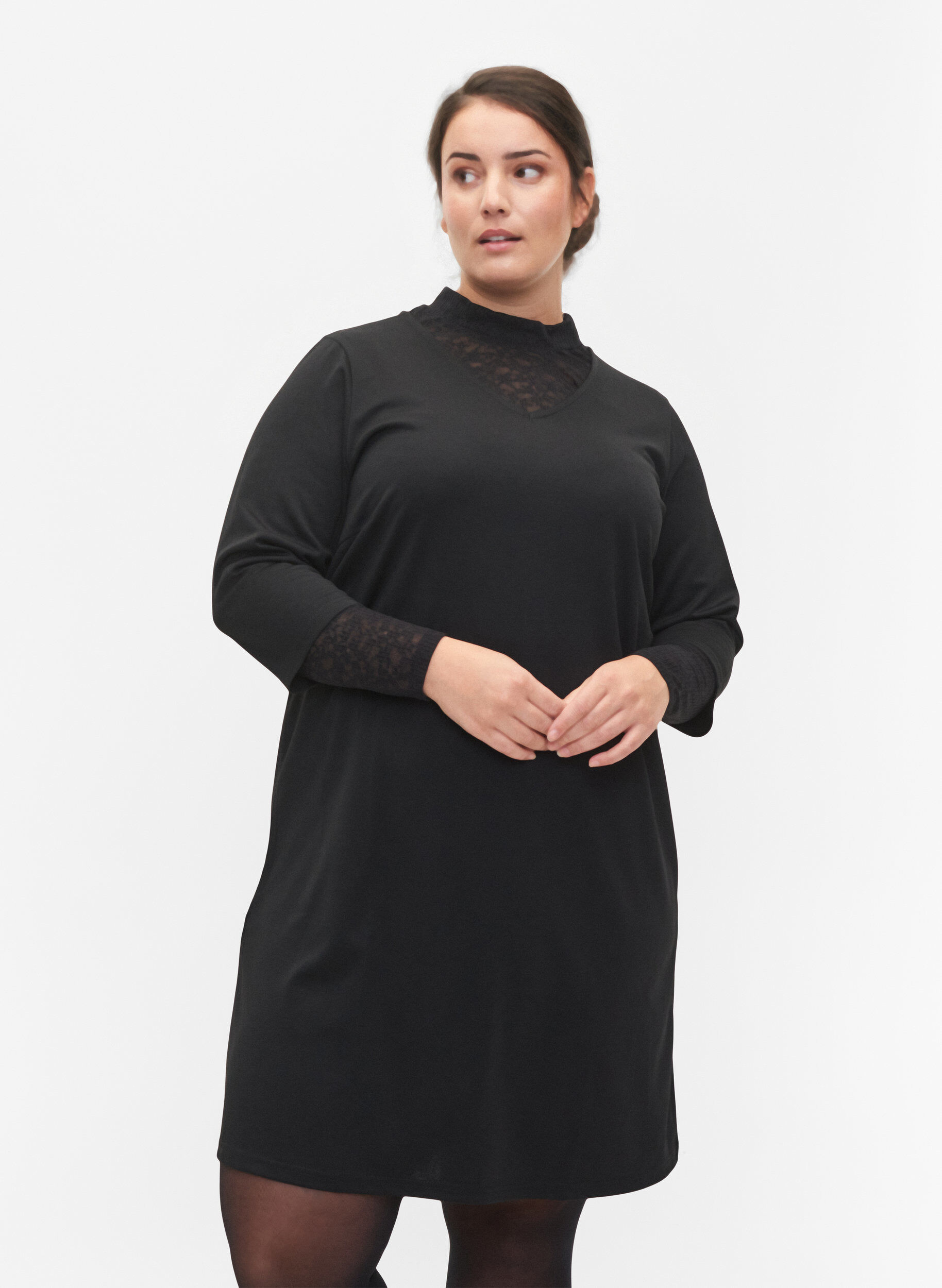 ZizziEinfarbiges Kleid mit V-Ausschnitt und 3/4 &Auml;rmeln, Black, Model image number 0