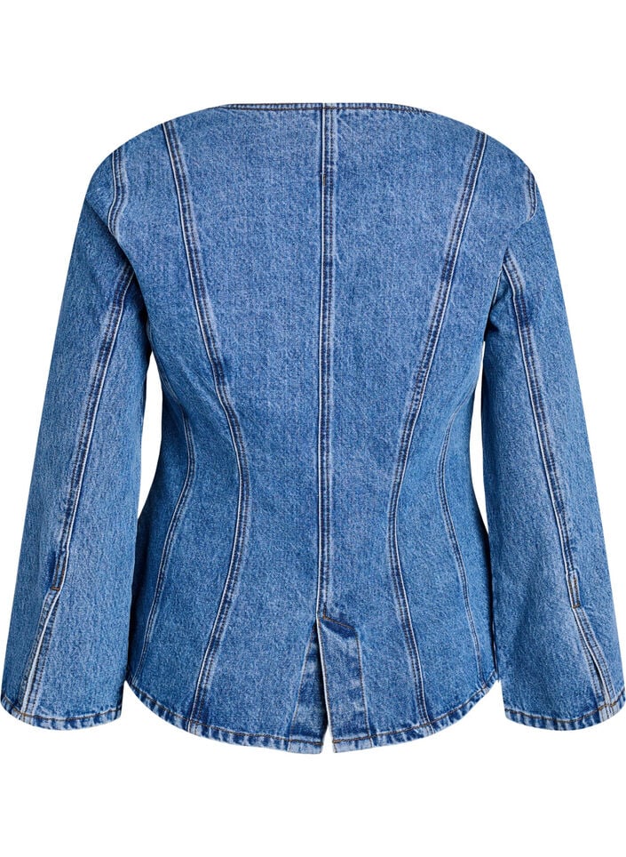 Jeansjacke mit formgebenden N&auml;hten und V-Ausschnitt, Blau, Packshot