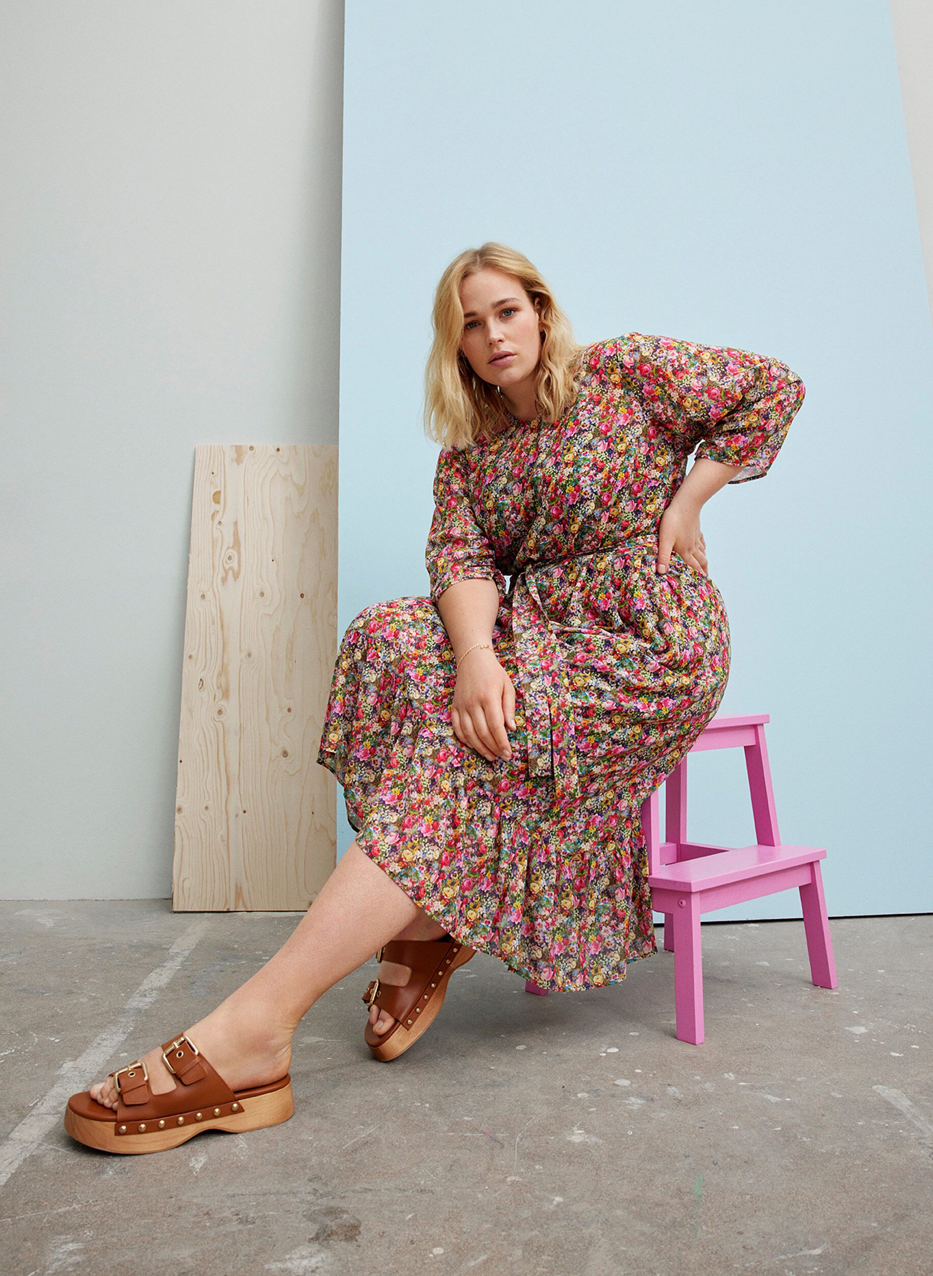 ZizziMidikleid mit Blumenprint und Bindeband an der Taille, Pink Flower AOP, Image image number 0