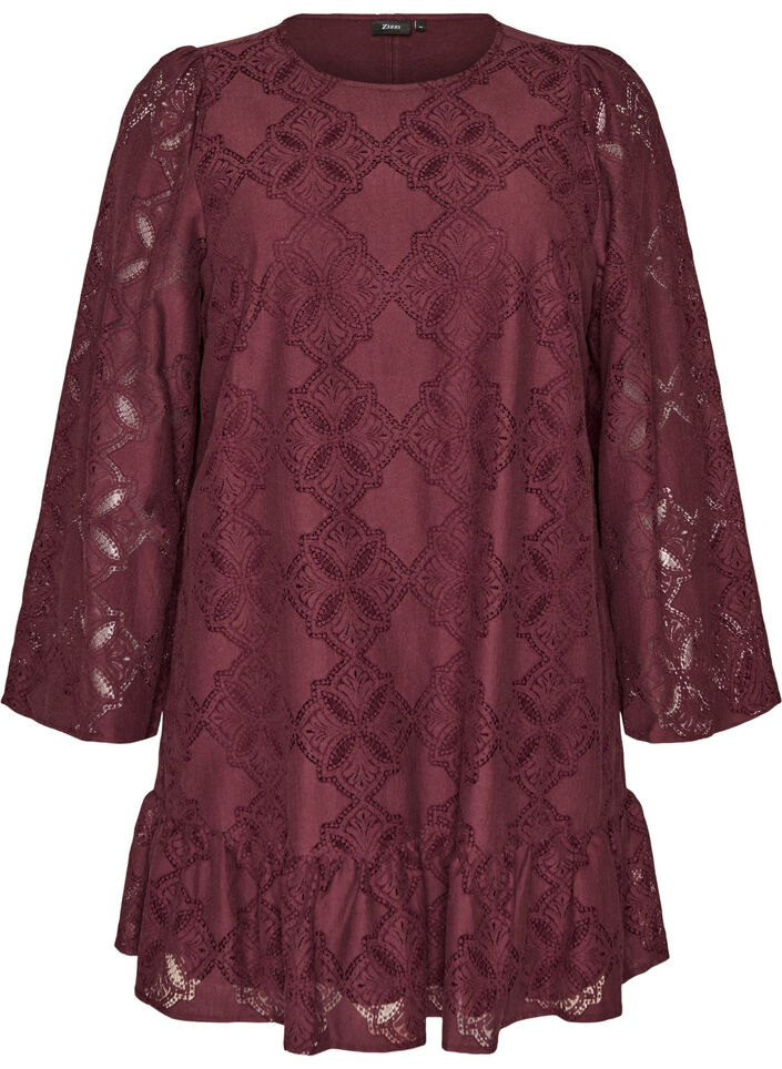 Spitzenkleid mit langen &Auml;rmeln und R&uuml;schensaum, Dunkles Bordeaux, Packshot image number 0