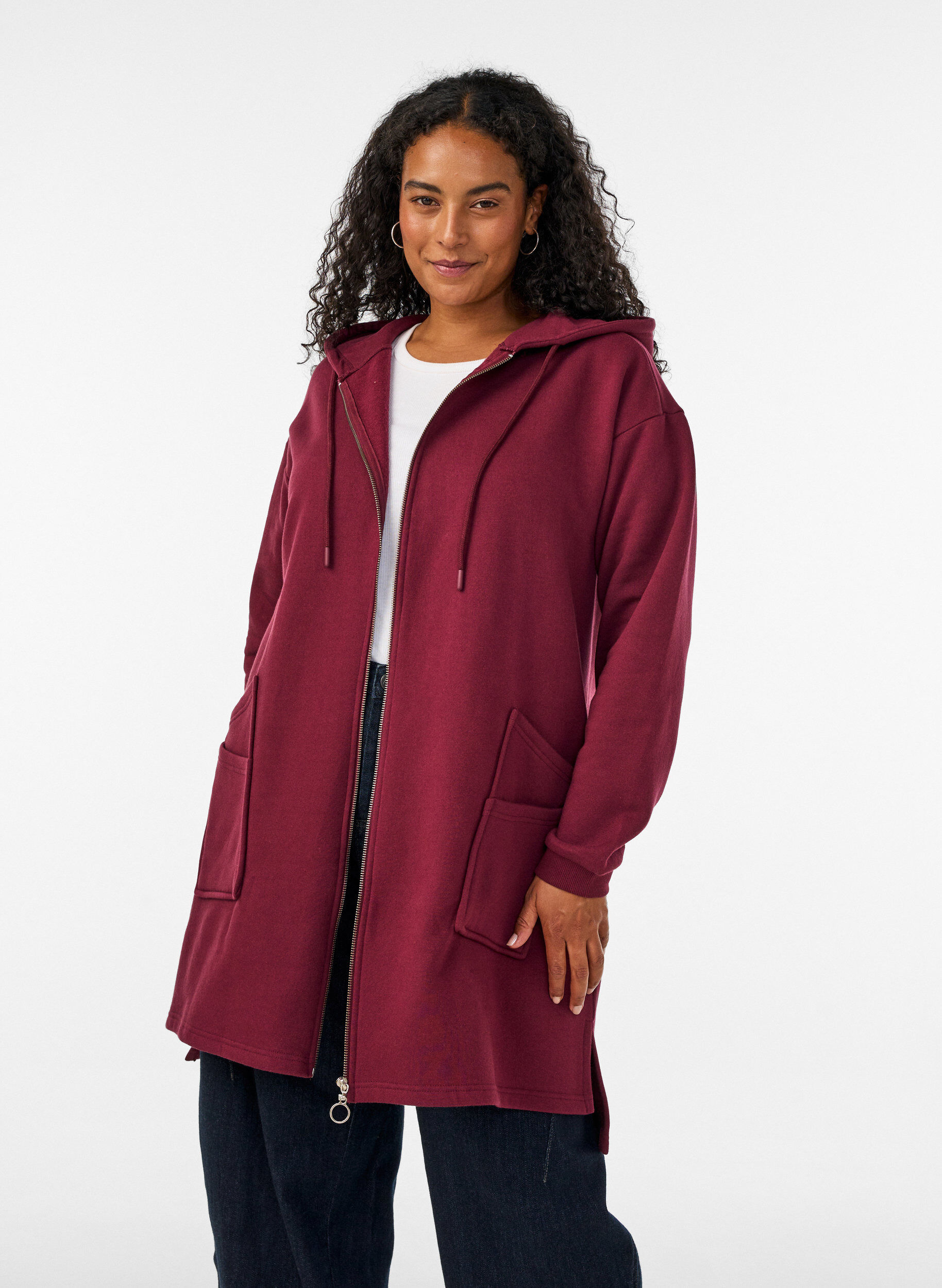 ZizziLanger Cardigan mit Kapuze und Rei&szlig;verschluss, Rot, Model image number 0