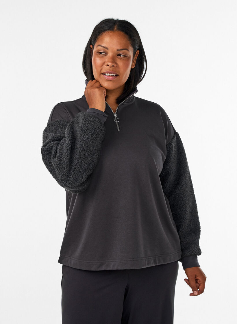 Sweatshirt mit Teddy-&Auml;rmeln und hohem Kragen, Grau, Model image number 0