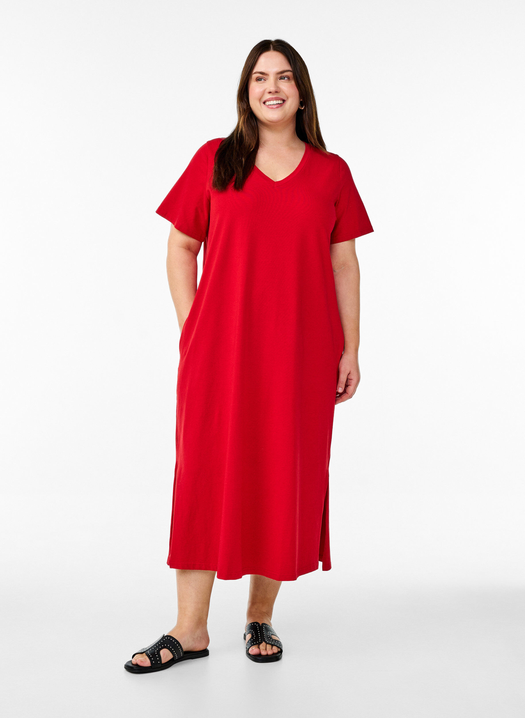 ZizziMidi-T-Shirtkleid mit V-Ausschnitt, Rot, Model image number 0